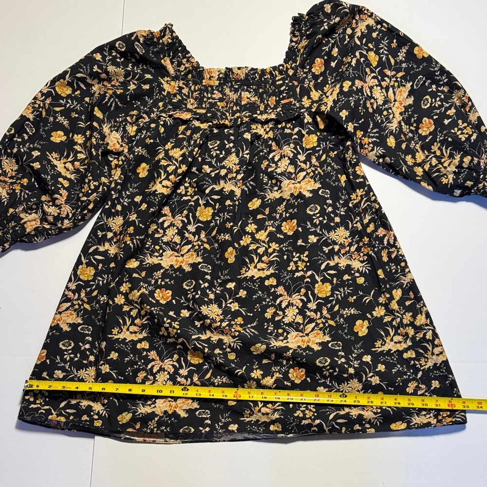 DÔEN Acton Baby Doll Mini Dress Navy Oaks Bluffs Floral Smocked Square Neck L - Picture 12 of 12